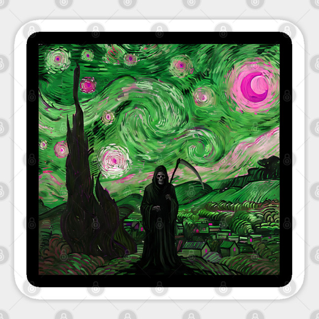 Grim Reaper's Distorted Starry Night Van Gogh Greens and Pinks Aesthetic Sticker by Luxinda