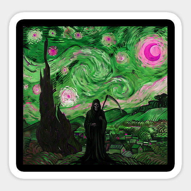 Grim Reaper's Distorted Starry Night Van Gogh Greens and Pinks Aesthetic Magnet by Luxinda