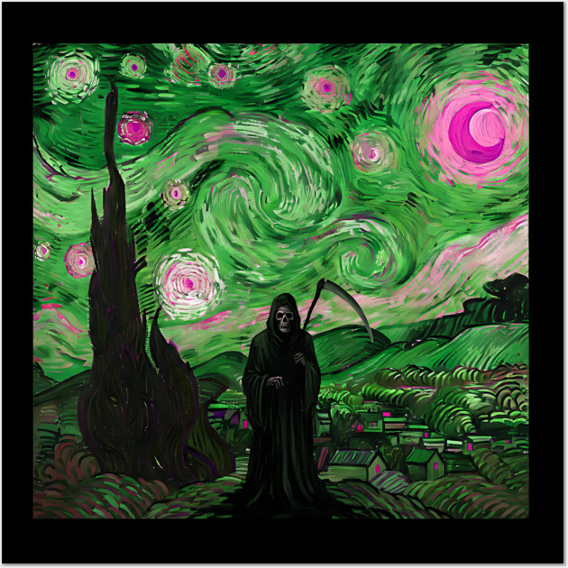 Grim Reaper's Distorted Starry Night Van Gogh Greens and Pinks Aesthetic Wall Art by Luxinda