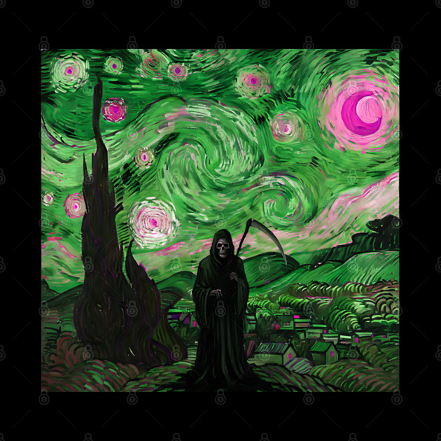 Grim Reaper's Distorted Starry Night Van Gogh Greens and Pinks Aesthetic by Luxinda