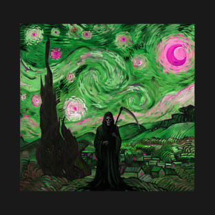 Grim Reaper's Distorted Starry Night Van Gogh Greens and Pinks Aesthetic T-Shirt