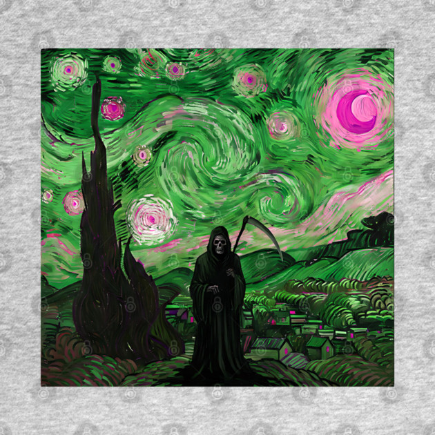 Grim Reaper's Distorted Starry Night Van Gogh Greens and Pinks Aesthetic by Luxinda