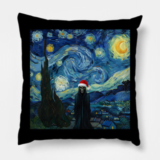 Grim Reaper Santa Hat Van Gogh Starry Night Style Pillow