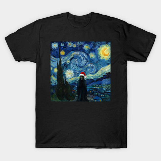 Grim Reaper Santa Hat Van Gogh Starry Night Style T-Shirt by Luxinda