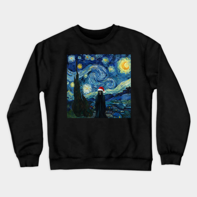 Grim Reaper Santa Hat Van Gogh Starry Night Style Crewneck Sweatshirt by Luxinda