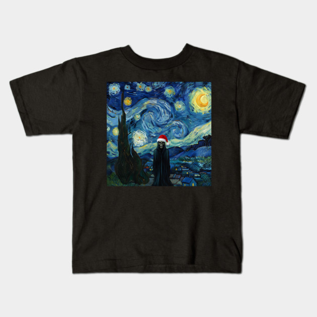 Grim Reaper Santa Hat Van Gogh Starry Night Style Kids T-Shirt by Luxinda