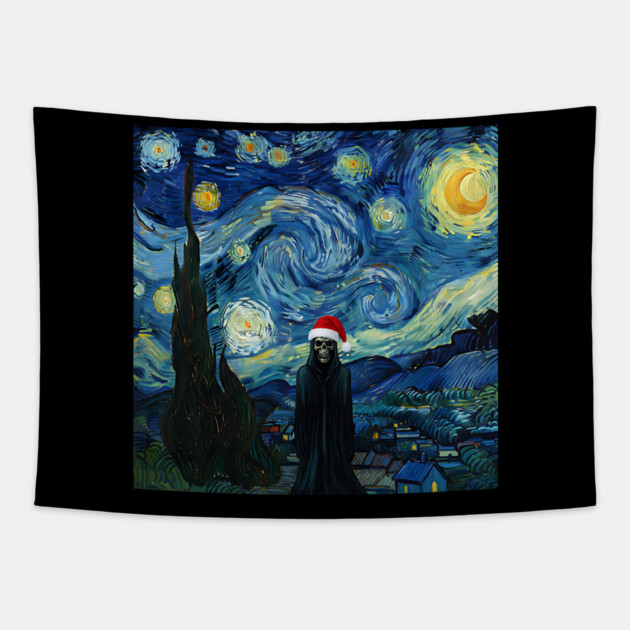 Grim Reaper Santa Hat Van Gogh Starry Night Style Tapestry by Luxinda