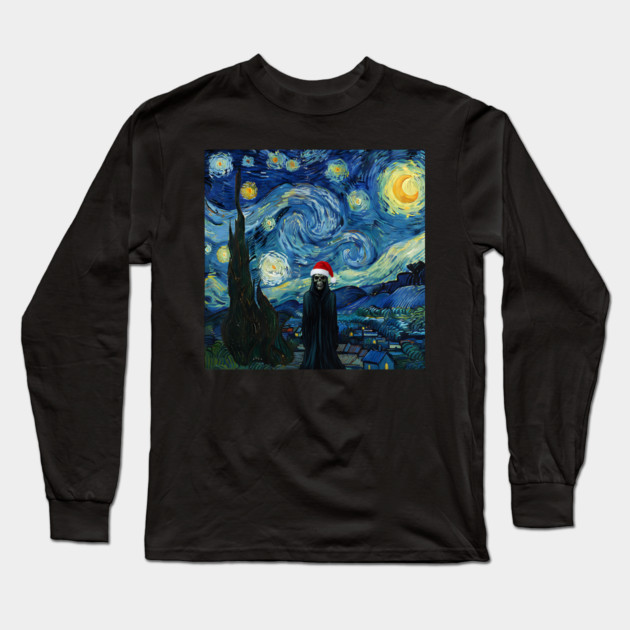 Grim Reaper Santa Hat Van Gogh Starry Night Style Long Sleeve T-Shirt by Luxinda