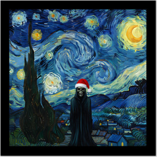 Grim Reaper Santa Hat Van Gogh Starry Night Style Posters and Art