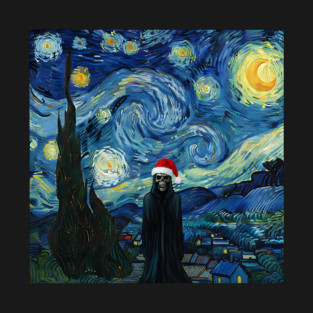 Grim Reaper Santa Hat Van Gogh Starry Night Style T-Shirt