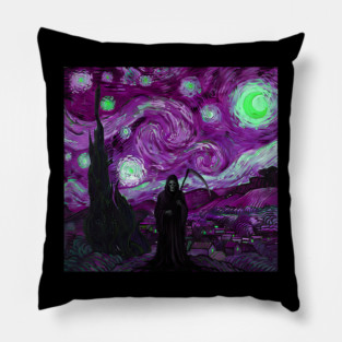 Grim Reaper's Distorted Purples and Greens Starry Night Van Gogh Aesthetic Pillow