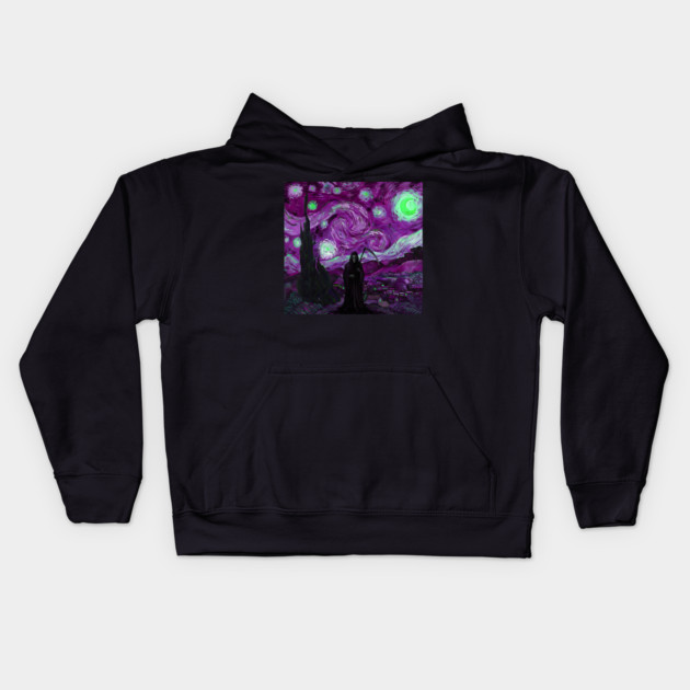 Grim Reaper's Distorted Purples and Greens Starry Night Van Gogh Aesthetic Kids Hoodie by Luxinda