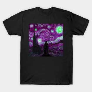 Grim Reaper's Distorted Purples and Greens Starry Night Van Gogh Aesthetic T-Shirt