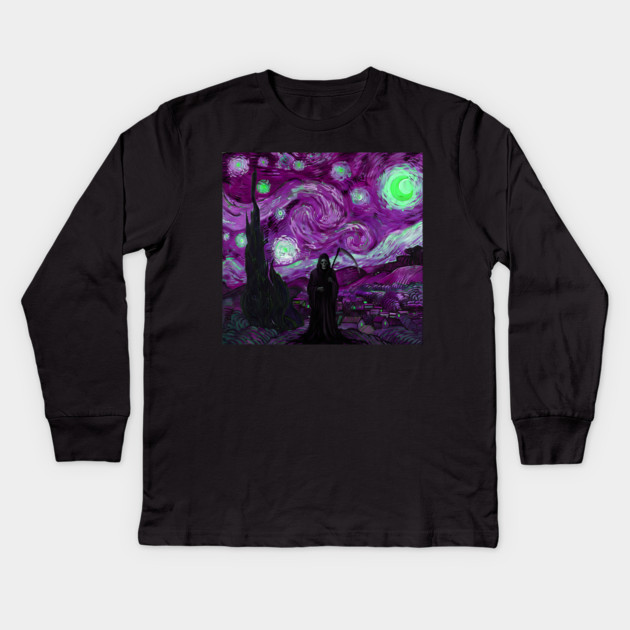 Grim Reaper's Distorted Purples and Greens Starry Night Van Gogh Aesthetic Kids Long Sleeve T-Shirt by Luxinda