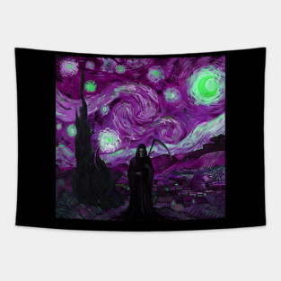 Grim Reaper's Distorted Purples and Greens Starry Night Van Gogh Aesthetic Tapestry