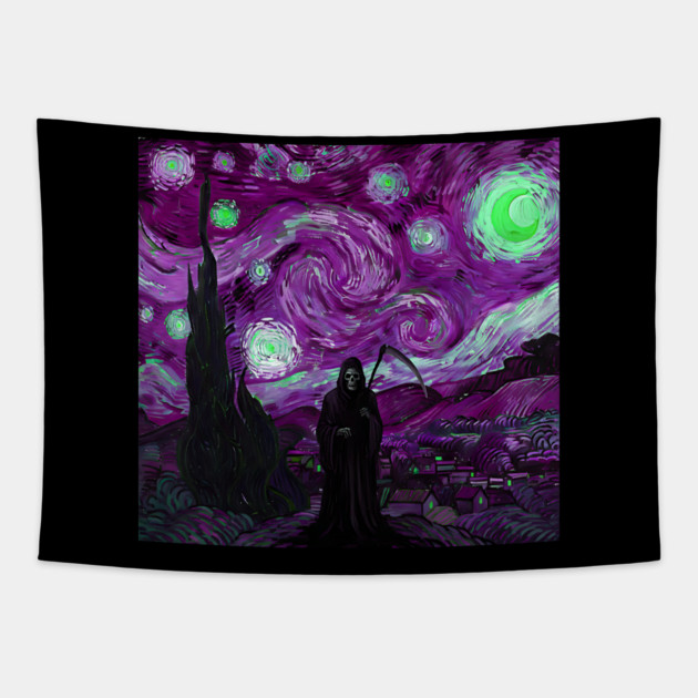 Grim Reaper's Distorted Purples and Greens Starry Night Van Gogh Aesthetic Tapestry by Luxinda