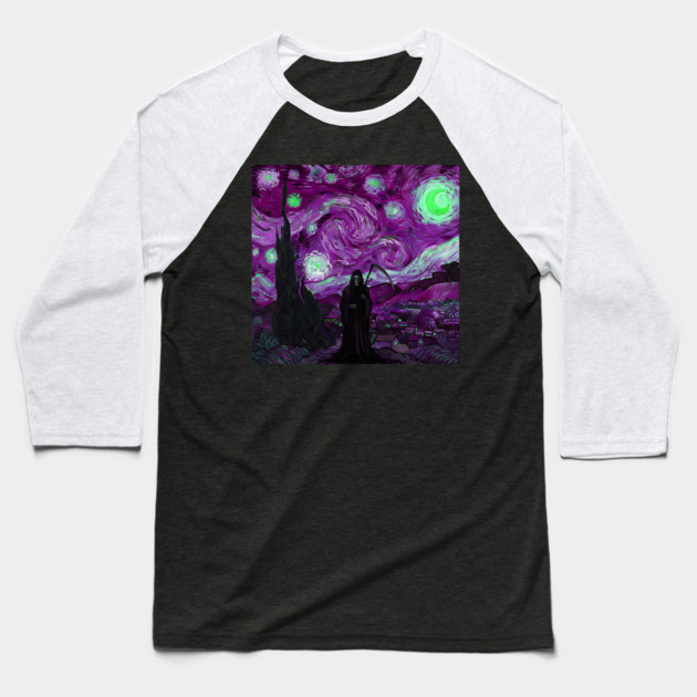Grim Reaper's Distorted Purples and Greens Starry Night Van Gogh Aesthetic Baseball T-Shirt by Luxinda