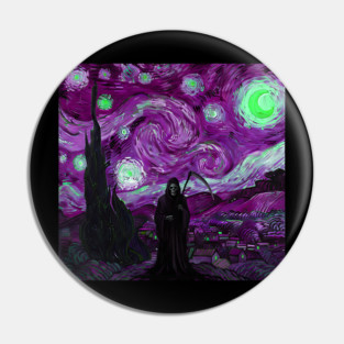 Grim Reaper's Distorted Purples and Greens Starry Night Van Gogh Aesthetic Pin