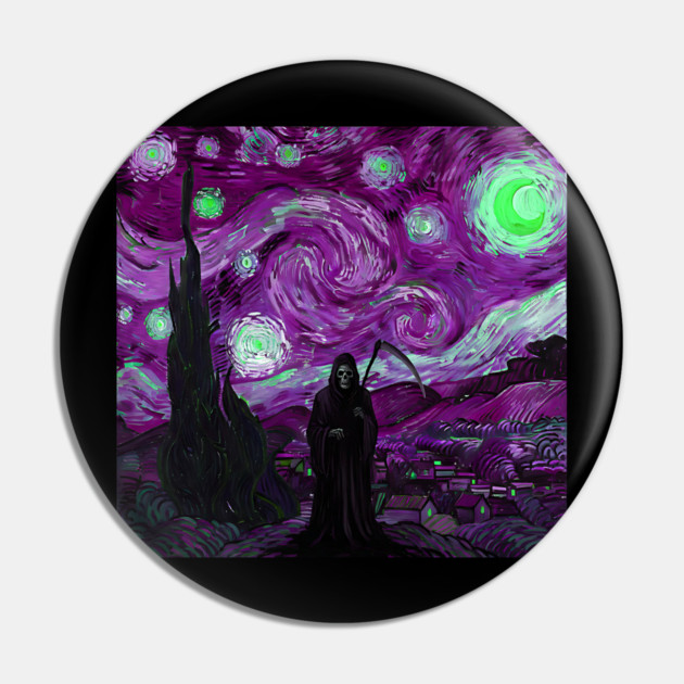 Grim Reaper's Distorted Purples and Greens Starry Night Van Gogh Aesthetic Pin by Luxinda