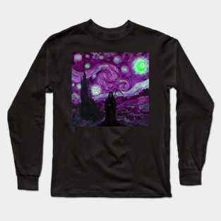 Grim Reaper's Distorted Purples and Greens Starry Night Van Gogh Aesthetic Long Sleeve T-Shirt