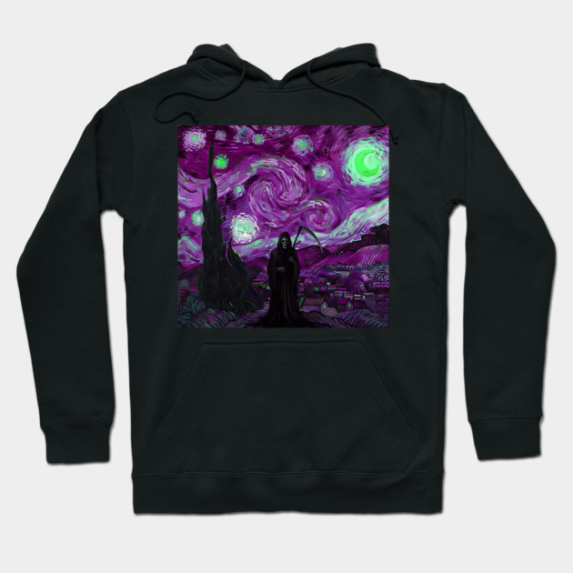 Grim Reaper's Distorted Purples and Greens Starry Night Van Gogh Aesthetic Hoodie by Luxinda