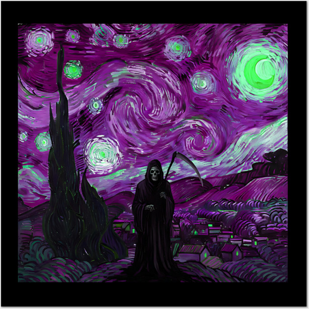 Grim Reaper's Distorted Purples and Greens Starry Night Van Gogh Aesthetic Wall Art by Luxinda