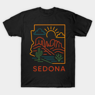 Sedona Minimal Line Art – Colorful Desert Silhouette on Black Background | Modern Boho Wall Art & T-Shirt Design T-Shirt