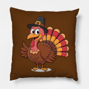 Cute Thanksgiving Turkey Cartoon – Funny Pilgrim Hat Turkey for Thanksgiving 2025 Pillow