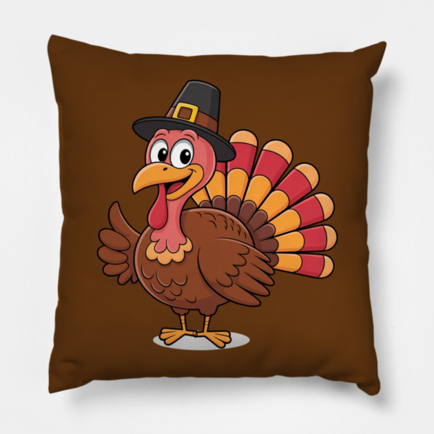 Cute Thanksgiving Turkey Cartoon – Funny Pilgrim Hat Turkey for Thanksgiving 2025 Pillow by Creatifly Graphic Tees