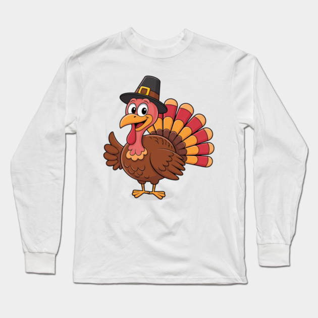 Cute Thanksgiving Turkey Cartoon – Funny Pilgrim Hat Turkey for Thanksgiving 2025 Long Sleeve T-Shirt by Creatifly Graphic Tees