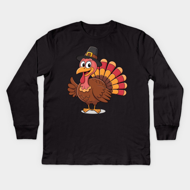 Cute Thanksgiving Turkey Cartoon – Funny Pilgrim Hat Turkey for Thanksgiving 2025 Kids Long Sleeve T-Shirt by Creatifly Graphic Tees