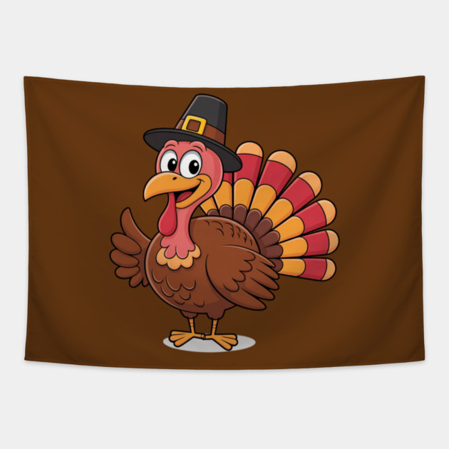 Cute Thanksgiving Turkey Cartoon – Funny Pilgrim Hat Turkey for Thanksgiving 2025 Tapestry by Creatifly Graphic Tees