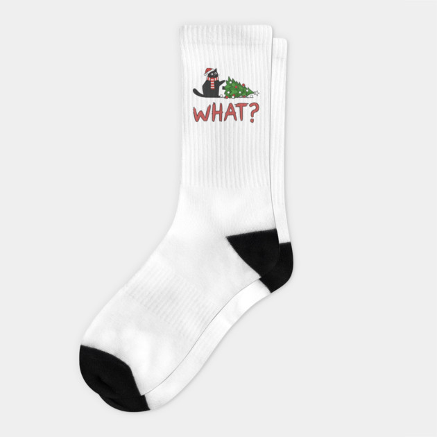 What? Funny Cat Christmas Design Socks by Designed By Marty