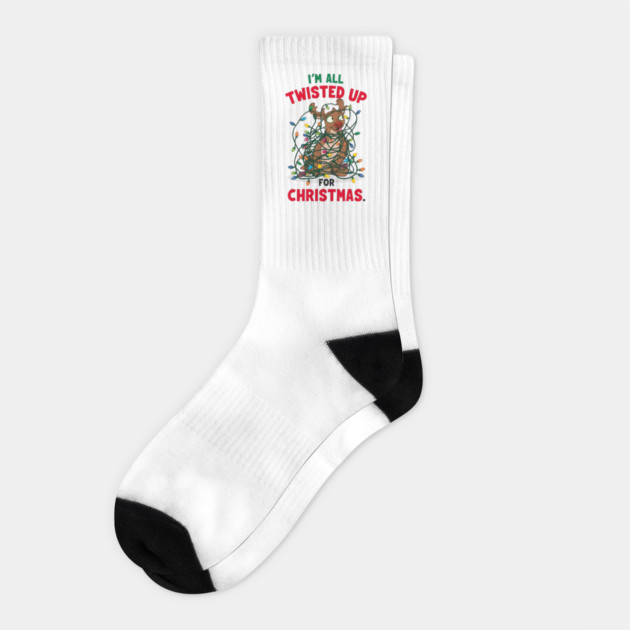 Twisted Up for Christmas – Funny Reindeer Holiday Lights Socks by Ink Lines