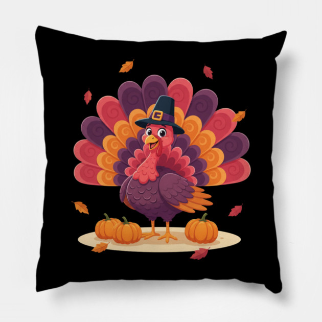 Cute Thanksgiving Turkey with Pilgrim Hat – Funny Fall Holiday Pillow by Creatifly Graphic Tees