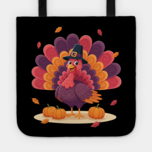 Cute Thanksgiving Turkey with Pilgrim Hat – Funny Fall Holiday Tote