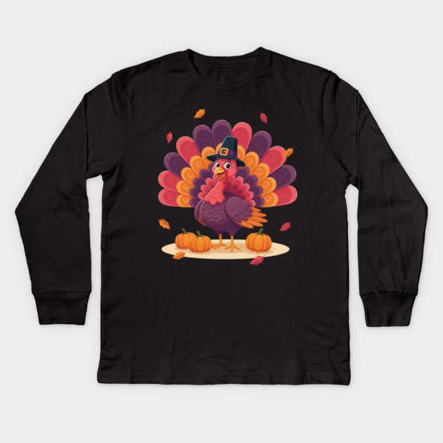 Cute Thanksgiving Turkey with Pilgrim Hat – Funny Fall Holiday Kids Long Sleeve T-Shirt by Creatifly Graphic Tees