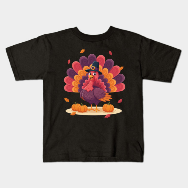 Cute Thanksgiving Turkey with Pilgrim Hat – Funny Fall Holiday Kids T-Shirt by Creatifly Graphic Tees