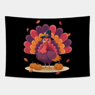 Cute Thanksgiving Turkey with Pilgrim Hat – Funny Fall Holiday Tapestry