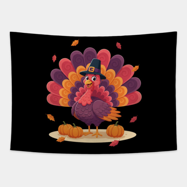 Cute Thanksgiving Turkey with Pilgrim Hat – Funny Fall Holiday Tapestry by Creatifly Graphic Tees