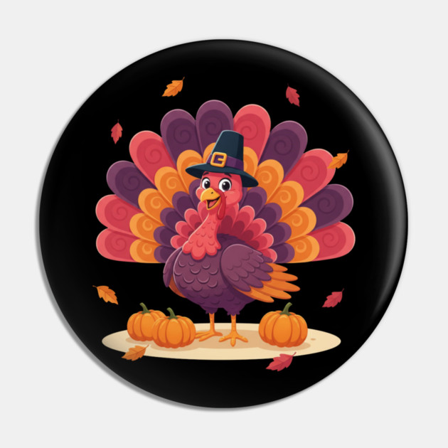 Cute Thanksgiving Turkey with Pilgrim Hat – Funny Fall Holiday Pin by Creatifly Graphic Tees