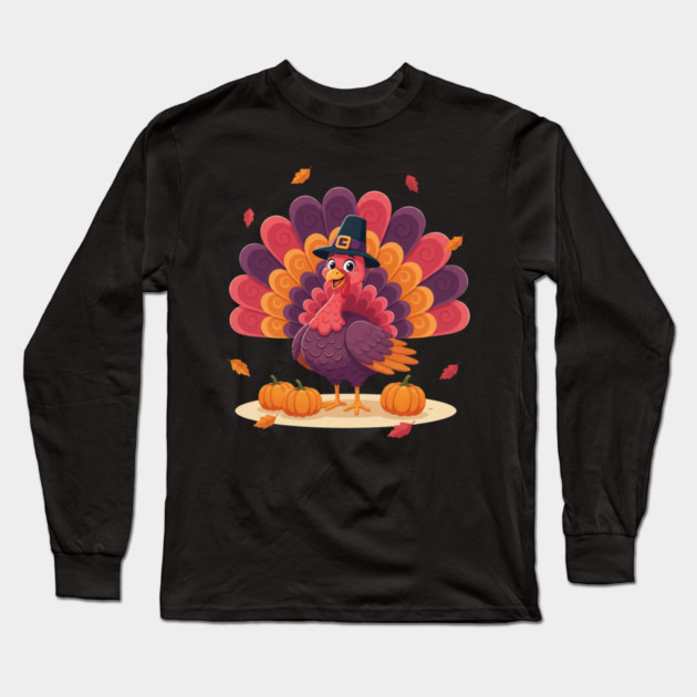 Cute Thanksgiving Turkey with Pilgrim Hat – Funny Fall Holiday Long Sleeve T-Shirt by Creatifly Graphic Tees