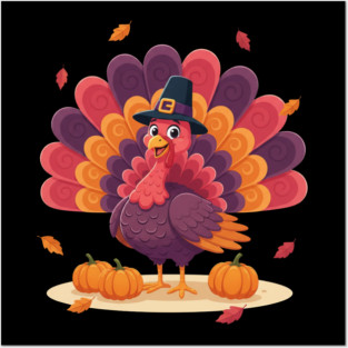 Cute Thanksgiving Turkey with Pilgrim Hat – Funny Fall Holiday Posters and Art