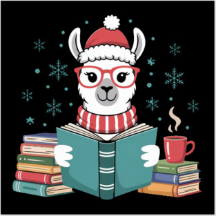 Santa Llama Reading Books funny Christmas Posters and Art