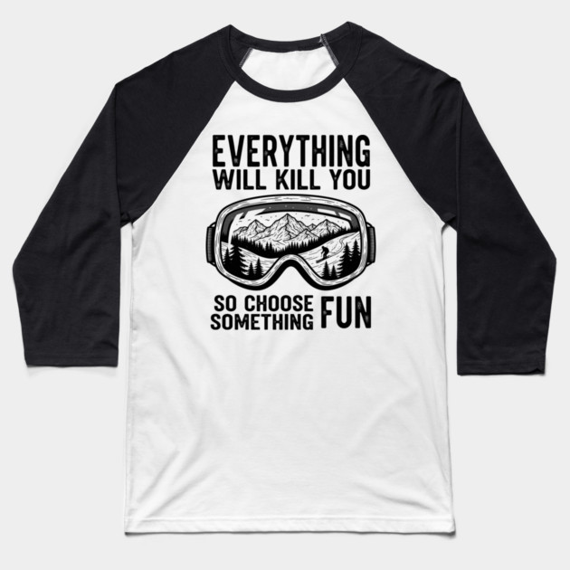 Skiing Adventure Baseball T-Shirt by enrynz