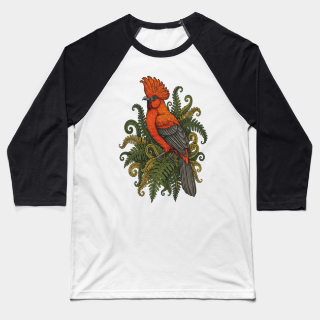 Andean Cock-of-the-Rock Botanical Bird Illustration Baseball T-Shirt by BirdsnStuff