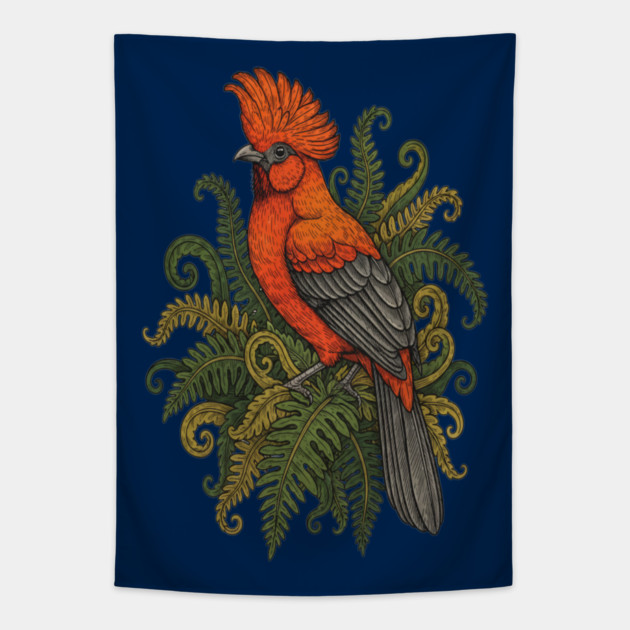 Andean Cock-of-the-Rock Botanical Bird Illustration Tapestry by BirdsnStuff