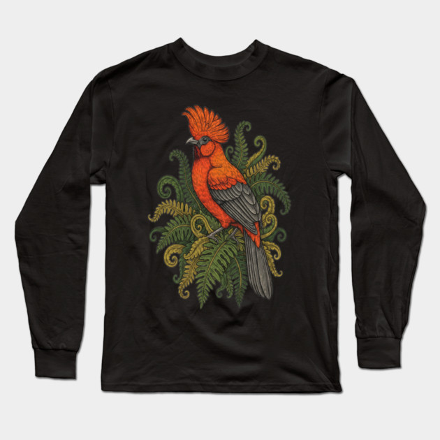 Andean Cock-of-the-Rock Botanical Bird Illustration Long Sleeve T-Shirt by BirdsnStuff