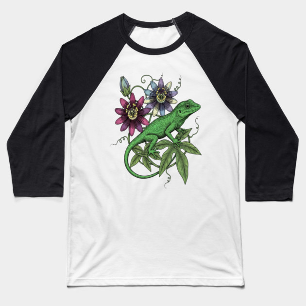 Anole Lizard and Passionflower Baseball T-Shirt by BirdsnStuff