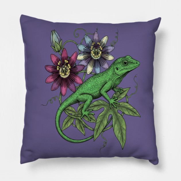 Anole Lizard and Passionflower Pillow by BirdsnStuff